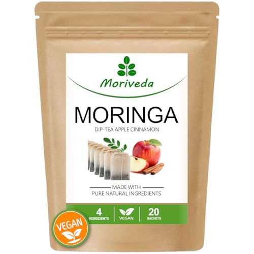 MoriVeda Moringa Dip Tea 100% natural & vegano (a elegir entre mezcla de hojas de Moringa, manzana-canela, granada, jengibre, menta) Té de Moringa, 20 bolsitas manzana-canela