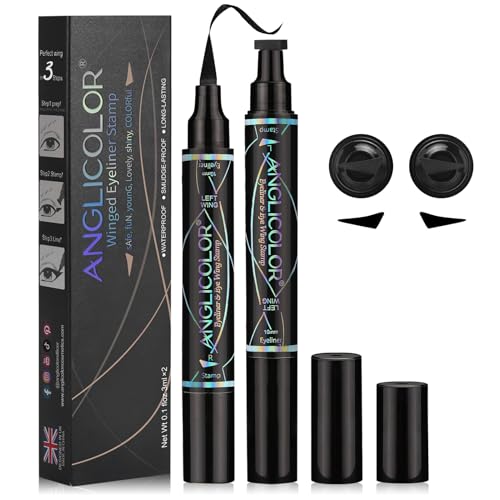 Eyeliner impermeable, 2 piezas negras con sello de motivos y eyeliner, secado rápido, eyeliner líquido 2-en-1, larga duración, alta pigmentación