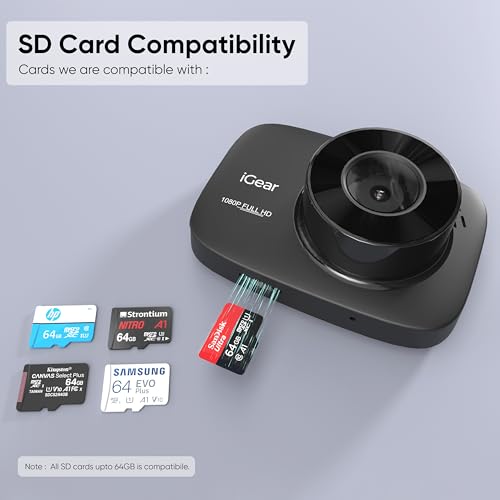 Image of iGear VueCam Full HD 1080P Car Dash Cam, Front & Rear Recording, 2.2 inch LCD, G-Sensor, Parking Mode, Motion Detection | Loop Recording, Wi-Fi App Control, Type-C, Wide Angle 140, Supports 64GB Micro SD