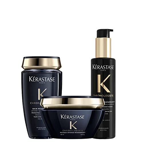 Kérastase Chronologiste, Rutina de cabello Anti-edad,Champú Regenerador, Mascarilla Regeneradora y Protector Térmico, Para pelo apagado