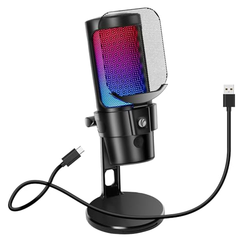 VCOM Gaming USB Microphone, Condenser Dynamic Mic for Podcasting, Streaming, with Quick Mute, Desktop Stand, Pop Filter, RGB Indicator, Shock Mount, Rotate gain Button, Compatible with PS4/5/PC
