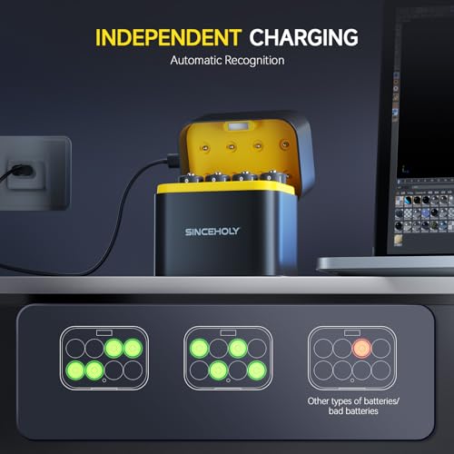 SinceHoly 12Pcs 3600mWh Rechargeable AA Lithium Batteries 1.5V with Charger, 8 Bay Individual Battery Charger with Fast Charging