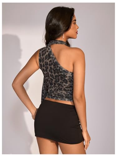 Image of RoseSeek Women's Y2K Leopard Polka Dots Halter Asymmetrical Neck Crop Tops