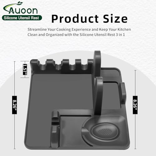 Image of Auoon Silicone Spoon Rest with Lid Holder - 3 in 1 Kitchen Utensil Rest for Soup Ladles, Pot Lids, Spatulas, Spoons, Tongs, BPA Free & Dishwasher Safe, 8.26 x 8.06 Inch (Gray, Large)