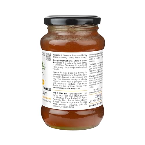 Image of INDIGENOUS HONEY Raw Organic Sesame Til Honey 17.64 oz Glass Jar | Natural Sweetener Pure Unprocessed Suger Free Unpasteurized Honey Pack of 1