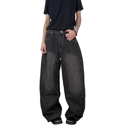 Barrel Jeans Men Leopard Print Washed Baggy Jeans Men Low Waisted Vintage Parachute Wide Leg Barrel Denim Pants