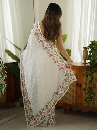 Image of AKHILAM Women's Peach Georgette Sequins Saree with Unstitched Blouse Piece