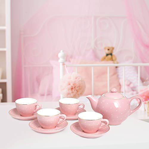 FAO Schwarz Ceramic Tea Party Set for Kids, Pink Polka Dot, 9 Pieces - Thumbnail 2