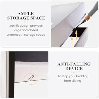 SHA CERLIN Full Size Lift Up Storage Bed Frame,Button Tufted Wingback Headboard,Upholstered Platform,Hydraulic Storage,Wooden Slat Support,No Box Spring,Light Beige