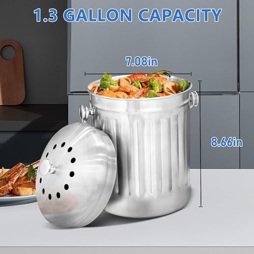 ENLOY Compost Bin, 1.3 Gallon Stainless Steel Indoor Compost Bucket for Kitchen Countertop Odorless Compost Pail for Kitchen Food Waste with Carrying Handle Easy to Clean