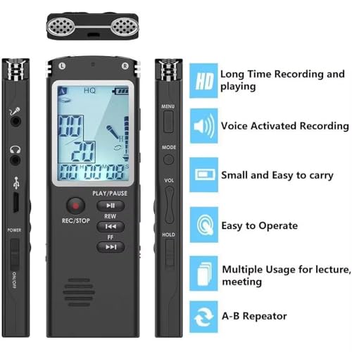 Image of DDLC 8GB Professional Digital Audio Voice Recorder with LCD | HD Noise Reduction | Voice Activated Recording | A-B Repeater and Long-Time Recording Capacity for Students & Professionals