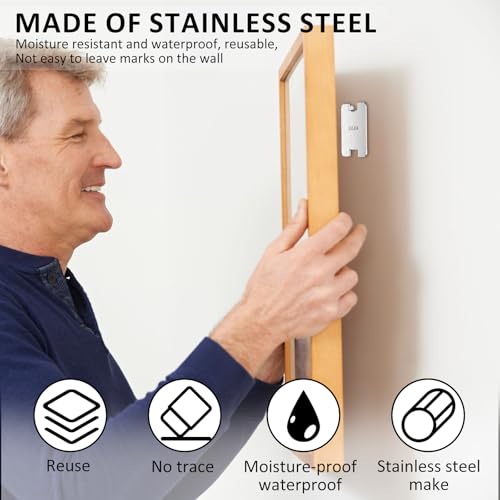 Image of 16 Pcs Adhesive Metal Picture Frame Hangers, Stainless Steel Picture Frame Hooks Easy to Use Adhesive Backed Hooks Hold Up to 6lbs Reusable Suitable for Smooth Walls, No Tools Frame Hanger