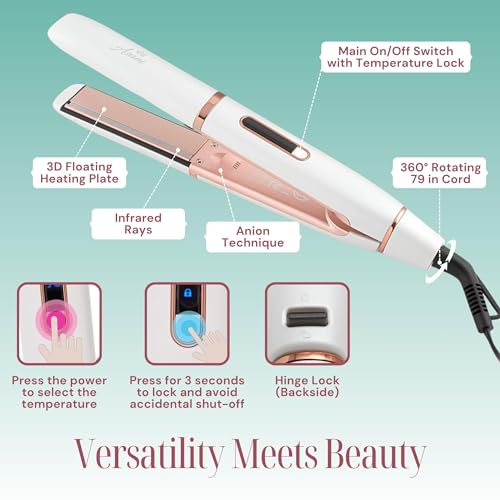 Asani 2-in-1 Flat Iron Hair Straightener and Curler - Negative Ion Technology, Anti-Frizz Ceramic Coating, 5 Heat Settings - Fast Heating Styling Tool for Versatile Looks - Portable