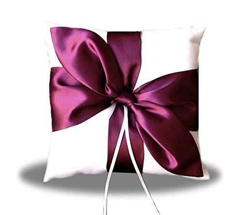 SACASUSA Burgundy Wine Satin Bow Ivory Wedding Ring Pillow Bearer