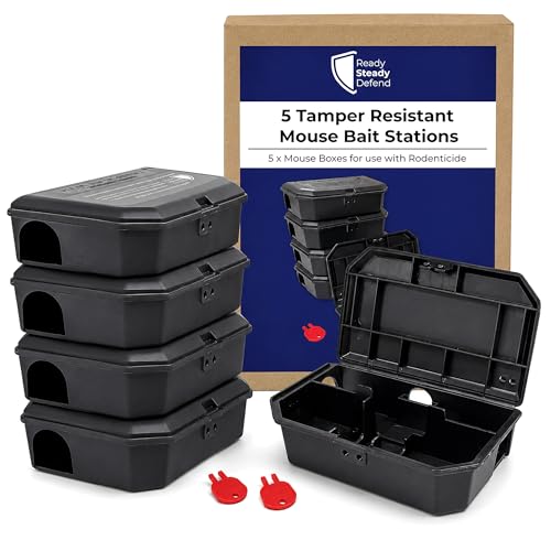 READY STEADY DEFEND Tamper-Resistant Mouse Bait Stations Pack of 5 Empty Safe & Secure Rodent Boxes for Blocks & Pasta Bait. Effective Indoor Mouse Control