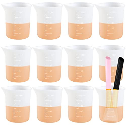 12Pcs Silicone Measuring Cups For Resin,12Pcs 100Ml Measuring Cups & 2Pcs Silicone Brush, Non-Stick Glue Tools With Precise Scale #TOP1