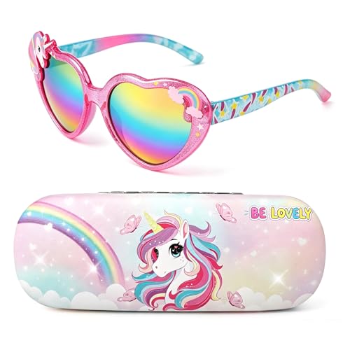 Image of Kids Sunglasses Girls Unicorn Heart Eyeglasses UV Protection Toddler Sunglasses with Sunglass Case for Party Beach