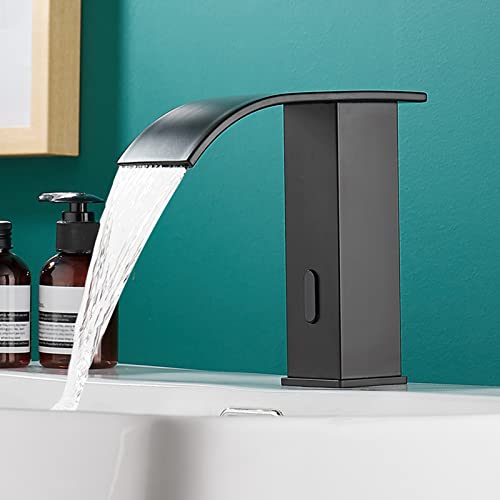 Grifo sin contacto de cascada premium con sensor electrónico negro para lavabo baño 8