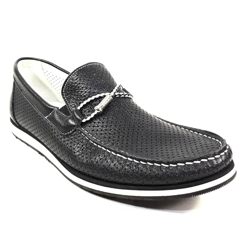 Goodman Men's Black Perforated Leather Comfort Loafers, Slip-On Summer Shoes, White Contrast Stitching, Size 42 EU, Made in Italy3