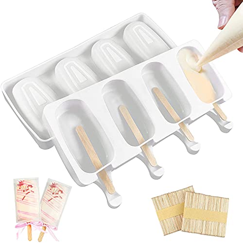 DELFINO Ice Lolly Moulds BPA Free Silicone Popsicles Moulds of 2 Packs Ice Cream Ice Cube Tray Popsicle Reusable Food Grade Silicone DIY Moulds Oval with 50 Pieces Natural Wood Craft Sticks (White)