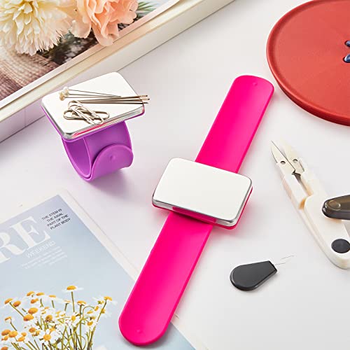 2 Pieces Magnetic Sewing Pincushion, Magnetic Wristband Pin Cushion Holder For Quilting Sewing Pins Hair Clips With Flannelette Bag, Silicone Wrist Strap Bracelet (Rose Red, Purple) #TOP4