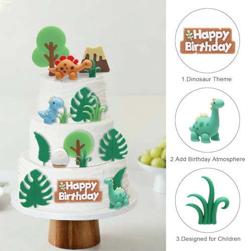 HENGBIRD 18 sztuk zestaw do dekoracji tortu dinozaurów, tort urodzinowy dekoracja 3D, silikonowe figurki 3D, wulkany i roślinność, wielokrotnego użytku, zmywalne, bezpieczne na imprezę dla dzieci