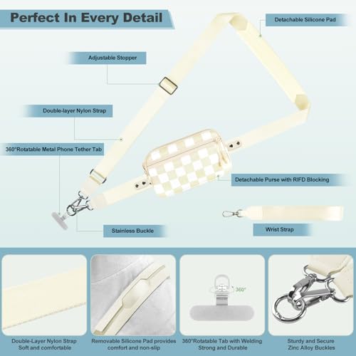Image of YFWE Clip and Go Strap for Phone with Wallet Crossbody, Adjustable Phone Lanyard with Detachable RFID Wristlet Wallet, Phone Strap with Phone Tabs for All Phones, Cream Checkered (L)