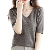 [Big laugh] ニット トップス シャツ サマー セーター 5 分 半 袖 ラウンド V ネック ブラウス レディース (コーヒー, XL)