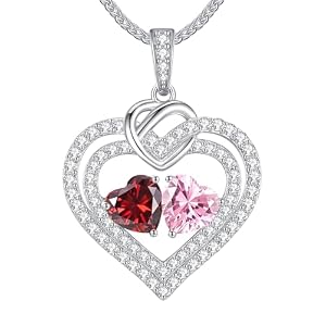 LOUISA SECRET Mothers Day Gift for Mom Sparkling Double Heart Birthstone Necklaces for Women, 925 Sterling Silver Fine Jewelry, Pendant Heart Necklaces Mothers Day Gift for Mom Wife Grandma Lady