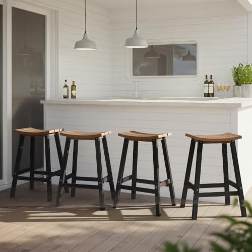 Image of Ciokea 2 Set 29 inch Outdoor Bar Stools, Heavy Duty HDPE Outdoor Stools Weatherproof Waterproof Patio Seats Modern Bar Height Tall BarStools for Bar Deck Balcony Kitchen Yard, Black and Teak