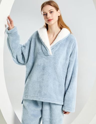 Gihuo Women' s Fluffy Pajamas Set Fleece Pullover Pants Loose Plush Sleepwear 2 Piece Pjs Set Warm Loungewear Fuzzy4