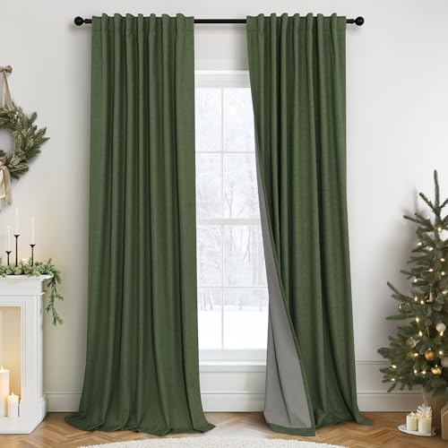 Olive Green Blackout Curtains 84 Inches Long 2 Panels Linen
