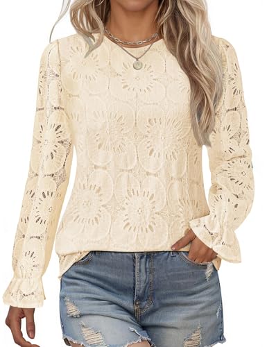 LOMON Womens Crew Neck Lace Long Sleeve Tops 2025...