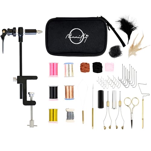 Fly Tying Kit & Rotary Fly Tying Vise for Beginners - Fly Tying Materials Kit w/60 Hooks & Travel Case | Fly Fishing Starter Kit w/Instructions | Complete Fly Tying Tools | Fly Fishing Accessories