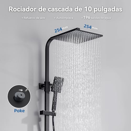 Miniatura 2 de Auralum Columna Ducha Negra Con Grifo Ducha Termostatico De Latón Y Rociador Ducha Cuadrado 254x254mm, Alcachofa De Ducha 85x85mm, Columna Altura Adjustable Entre 818-1248mm