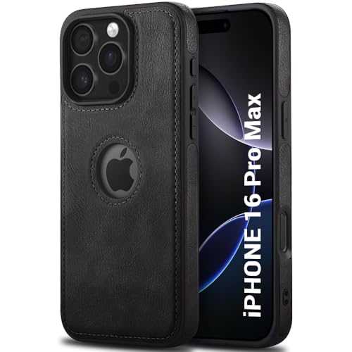 Image of TheGiftKart Genuine Leather Finish Back Cover Case for iPhone 16 Pro Max | Shockproof Design | Raised Edges for Camera & Screen Protection | Stunning Minimalist Design Case Cover (Black Sides, Black)