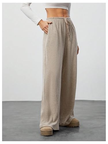 Women's Wide Leg Ribbed Knit Pants Drawstring Waist Low Rise Casual Long Trousers3