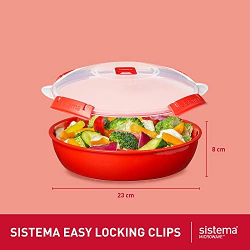 Sistema Microwave Round Food Container/Cookware Bowl | 1.3 L Food Steamer | Red/Clear