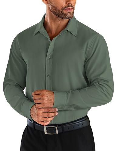 COOFANDY Herren Hemden Langarm Stretch Bügelleichtes Button Down Freizeithemd Regular Fit Formelle Businesshemd Armeegrün L