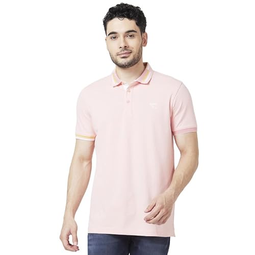 Spykar Men Peach Pink Blended Slim Fit Half Sleeve Polo Neck Plain Tshirt
