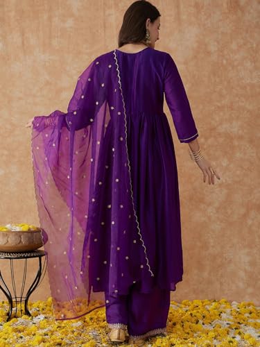 Image of SheWill Women's Vichitra Zari Sequence Embroidery Alia Cut Kurta with Palazzo Dupatta Set