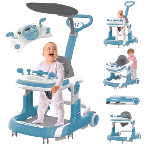 Image of Baby Walker, 5 Modes Foldable Baby Walker with Wheels, Music, 4-Height Baby Toddler Walker with Push Handle, Baby Bouncer, Food Tray, Sunshade, Walkers for Babies 6-12 Months Boys Girls (Blue)