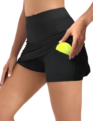 Women's Tennis Skirt, High-Waisted Golf Skort with Pockets and Built-in Shorts, Mini Skirt for Activewear Black2