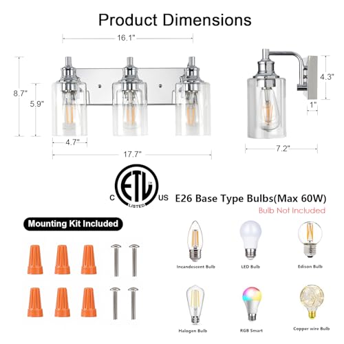 Image of 3-Light Bathroom Light Fixtures Modern Chrome Vanity Lights for Bathroom Lighting Fixtures Over Mirror for Cabinet Mirror Bedroom Hallway
