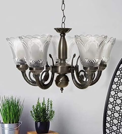 Image of SUANI 5 Lamp Gold Plated Brass and Glass Antique Chandelier, Jhoomer, for Living Room, Dining Area, Hall, Office, Banquet Hall (Bulb Included)