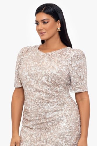 Image of Xscape Women's Long Lace Sequin Side Ruched Dress