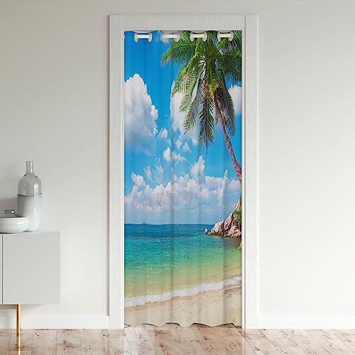 Erosebridal Ocean Beach Door Curtain for Doorway Privacy Palm Trees Door Drape 34