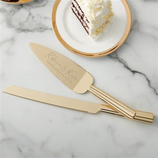 Personalization Universe Elegant Gold Wedding Couple Cake Knife & Server Set with Engraved Names and Message, Cake Cutting and Serving Set, Bridal Shower Gift