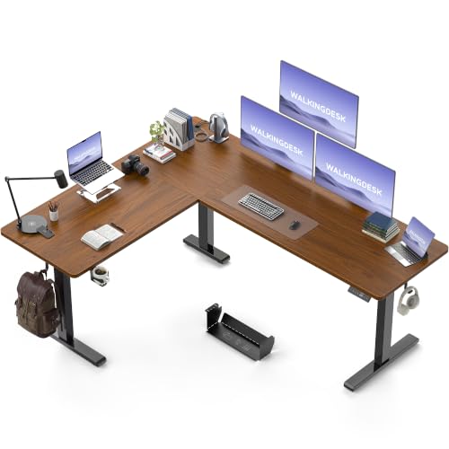 Image of WALKINGDESK 75x61 Inches Reversible L Shaped Standing Desk Height Adjustable with Cup Holder, Electric Corner Computer Workstation for Home Office, Ergonomic Sit Stand up Gaming Desk, Black Walnut