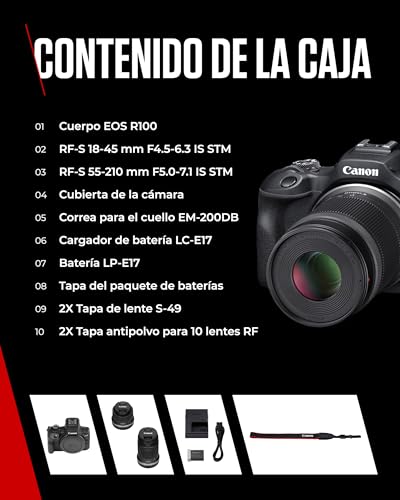 Miniatura 7 de CANON EOS R100 Cámara Mirrorless + Objetivo RF-S 18-45 mm F4.5-6.3 IS STM + RF-S 55-210 mm F5-7.1 IS STM, Cámara Evil APS-C (24,1 MP) -4 EV, Vídeo 4K 25 fps, Dual Pixel CMOS AF, Negro